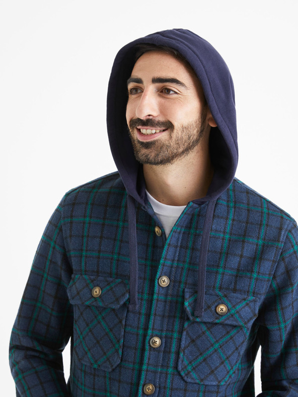 Celio Zeleno-modrá pánska kockovaná košeľa s kapucňou Celio Valines