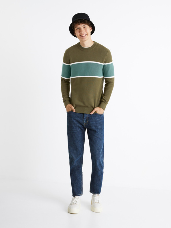 Celio Khaki pánsky pruhovaný sveter Celio