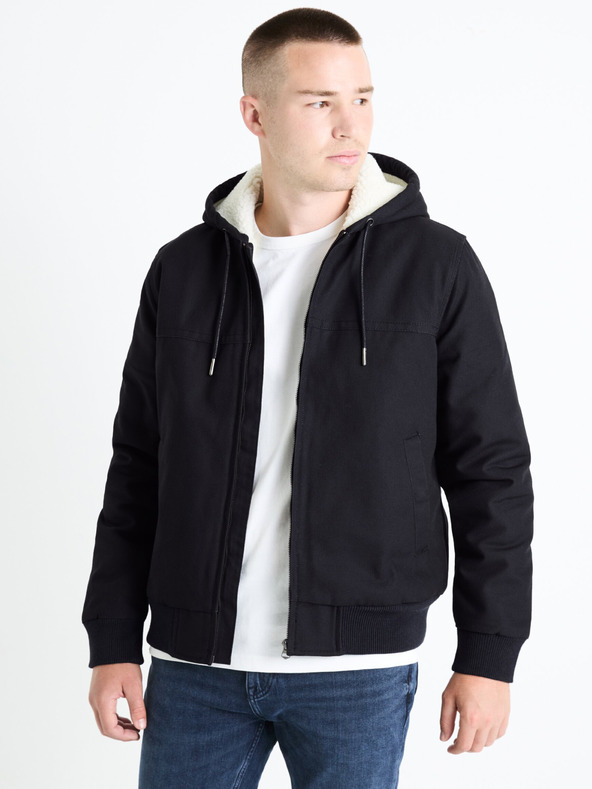 Celio Tmavomodrá pánska bunda z umelej kožušiny Celio Fuhoodie