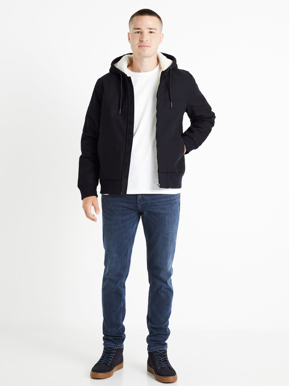 Celio Tmavomodrá pánska bunda z umelej kožušiny Celio Fuhoodie