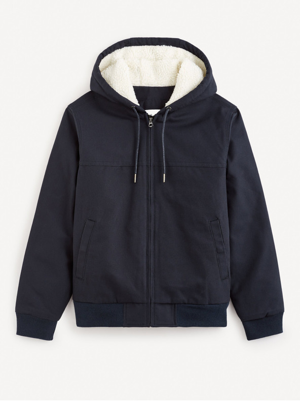 Celio Tmavomodrá pánska bunda z umelej kožušiny Celio Fuhoodie