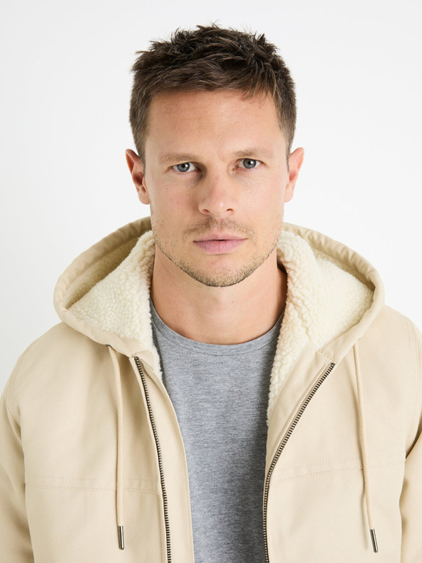 Celio Krémová pánska bunda z umelej kožušiny Celio Fuhoodie