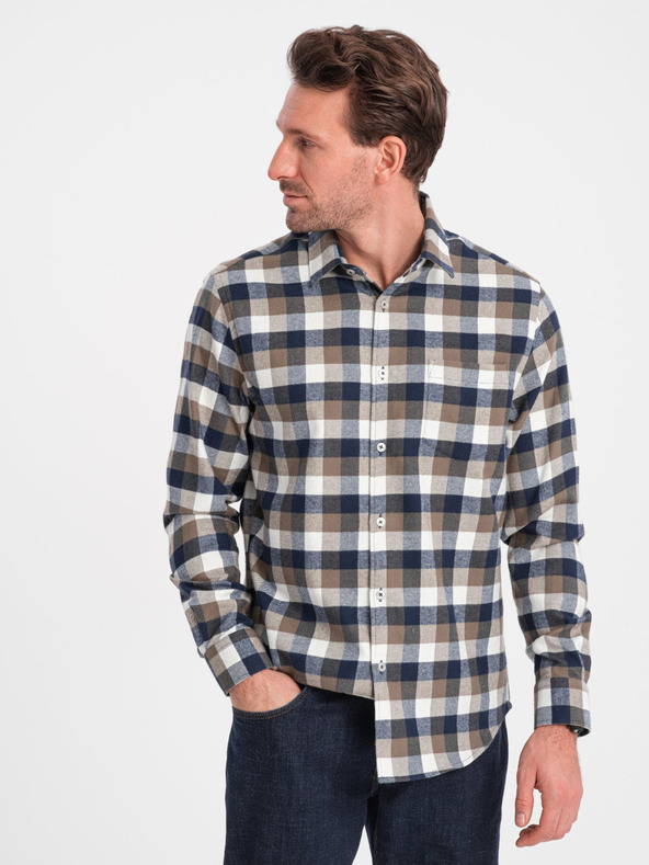 Ombre Clothing Hnedomodrá pánska kockovaná flanelová košeľa značky Ombre Clothing
