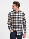 Ombre Clothing Hnedomodrá pánska kockovaná flanelová košeľa značky Ombre Clothing