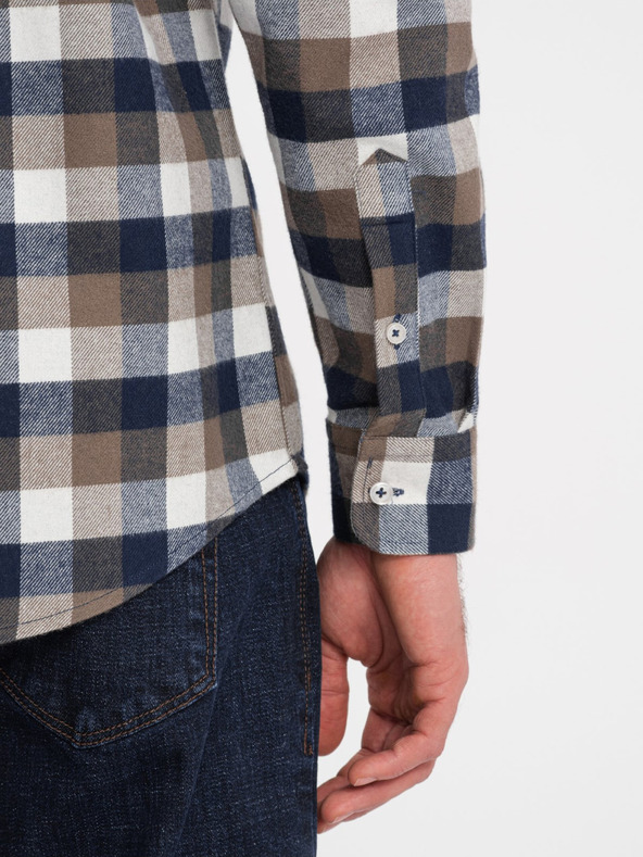 Ombre Clothing Hnedomodrá pánska kockovaná flanelová košeľa značky Ombre Clothing