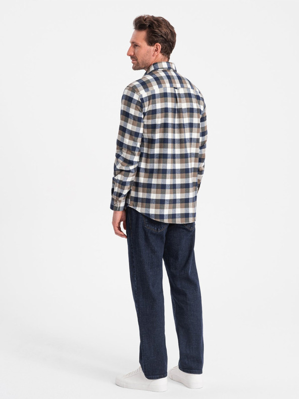 Ombre Clothing Hnedomodrá pánska kockovaná flanelová košeľa značky Ombre Clothing