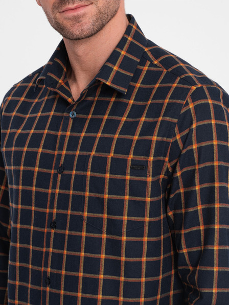 Ombre Clothing Oranžová a modrá pánska kockovaná flanelová košeľa Ombre Clothing
