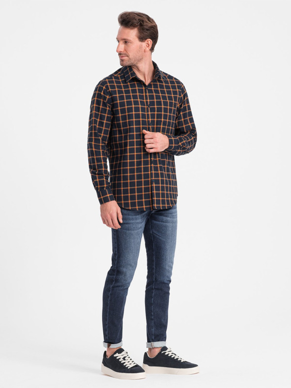 Ombre Clothing Oranžová a modrá pánska kockovaná flanelová košeľa Ombre Clothing