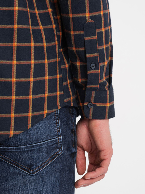 Ombre Clothing Oranžová a modrá pánska kockovaná flanelová košeľa Ombre Clothing