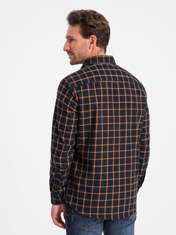 Ombre Clothing Oranžová a modrá pánska kockovaná flanelová košeľa Ombre Clothing
