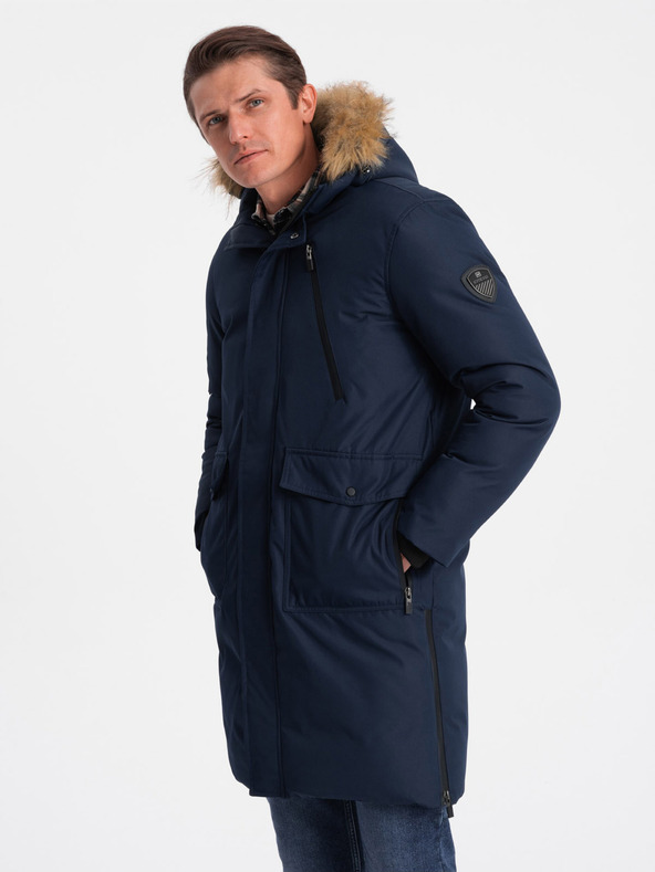 Ombre Clothing Tmavomodrá pánska zimná bunda s umelou kožušinou Ombre Clothing Alaskan
