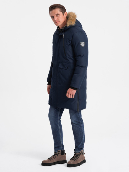 Ombre Clothing Tmavomodrá pánska zimná bunda s umelou kožušinou Ombre Clothing Alaskan