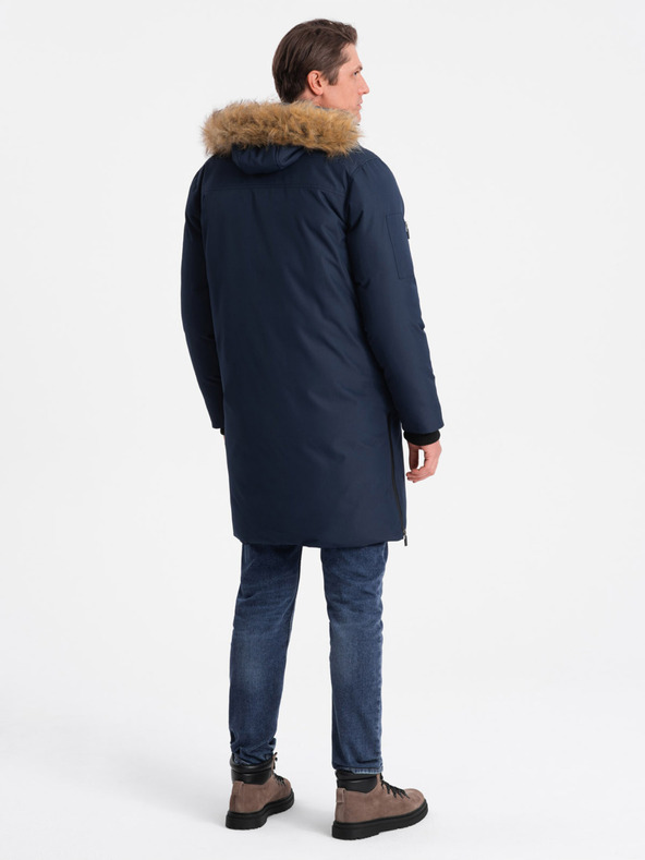 Ombre Clothing Tmavomodrá pánska zimná bunda s umelou kožušinou Ombre Clothing Alaskan