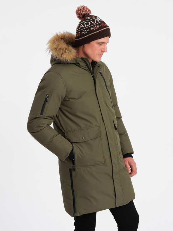 Ombre Clothing Zelená pánska zimná bunda s umelou kožušinou Ombre Clothing Alaskan