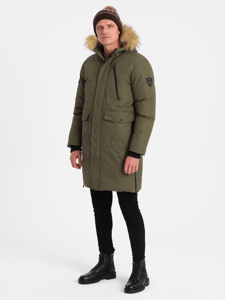 Ombre Clothing Zelená pánska zimná bunda s umelou kožušinou Ombre Clothing Alaskan