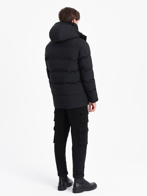 Ombre Clothing Čierna pánska prešívaná zimná bunda s kapucňou Ombre Oblečenie