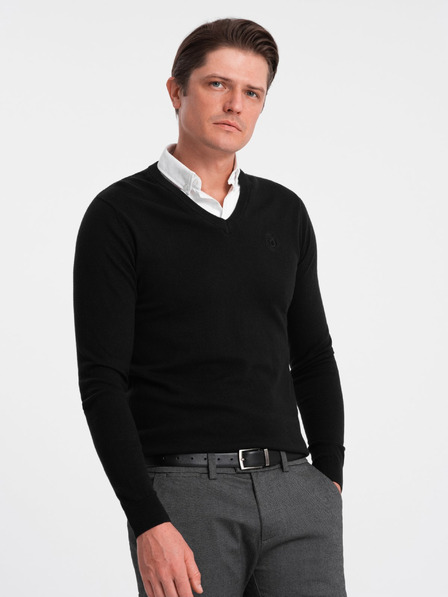 Ombre Clothing Čierny pánsky sveter s košeľovým golierom Ombre Oblečenie