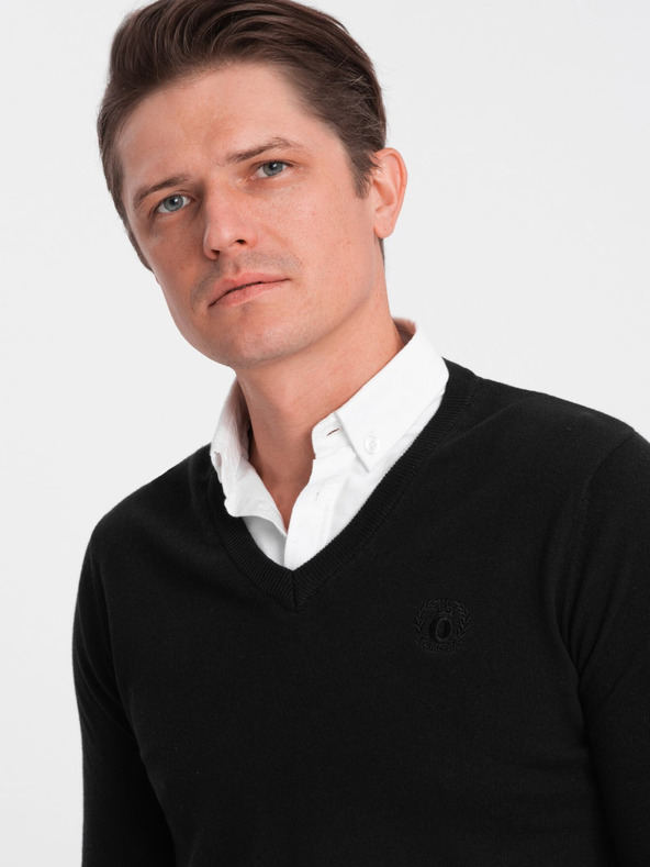 Ombre Clothing Čierny pánsky sveter s košeľovým golierom Ombre Oblečenie