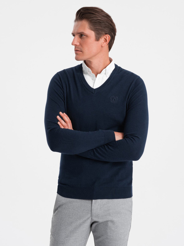 Ombre Clothing Tmavomodrý pánsky sveter s košeľovým golierom Ombre Oblečenie
