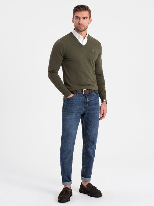 Ombre Clothing Zelená Pánsky košeľový sveter s golierom Ombre Oblečenie