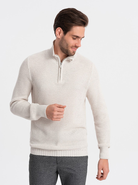 Ombre Clothing Krémový pánsky sveter s golierom Ombre Oblečenie