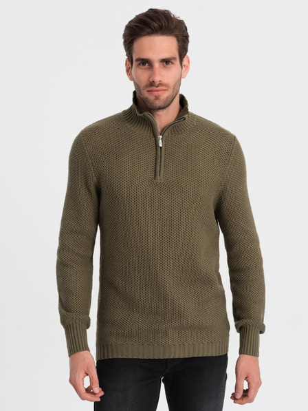 Ombre Clothing Khaki pánsky sveter s golierom Ombre Clothing