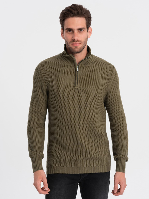 Ombre Clothing Khaki pánsky sveter s golierom Ombre Clothing