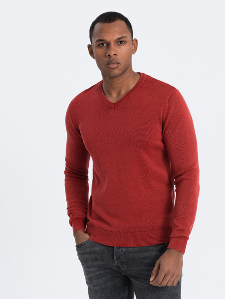 Ombre Clothing Červený pánsky základný sveter s výstrihom do V Oblečenie Ombre