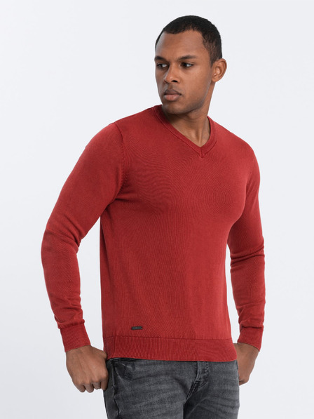 Ombre Clothing Červený pánsky základný sveter s výstrihom do V Oblečenie Ombre