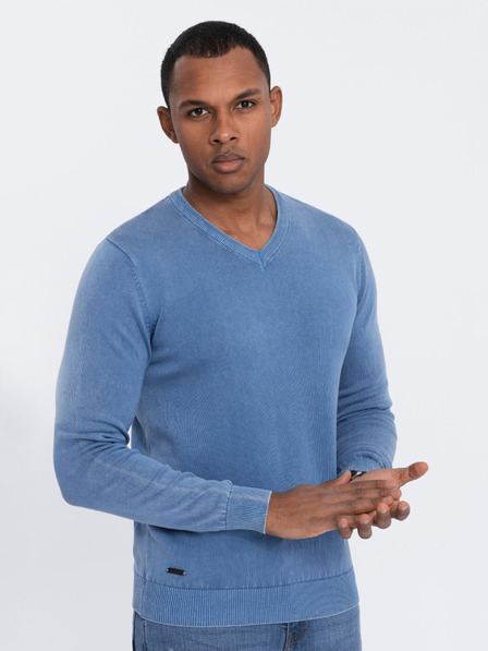 Ombre Clothing Modrý pánsky základný sveter s výstrihom do V Oblečenie Ombre