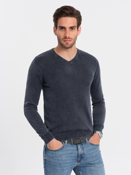 Ombre Clothing Tmavomodrý pánsky základný sveter s výstrihom do V Ombre Clothing