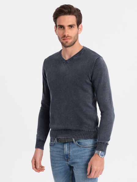 Ombre Clothing Tmavomodrý pánsky základný sveter s výstrihom do V Ombre Clothing