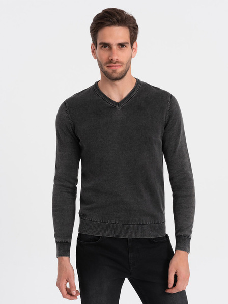 Ombre Clothing Čierny pánsky základný sveter s výstrihom do V Oblečenie Ombre
