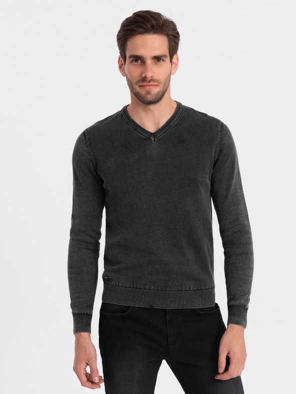 Ombre Clothing Čierny pánsky základný sveter s výstrihom do V Oblečenie Ombre
