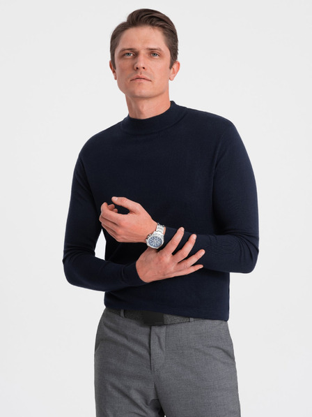 Ombre Clothing Tmavomodrý pánsky základný sveter so stojacím golierom Ombre Clothing