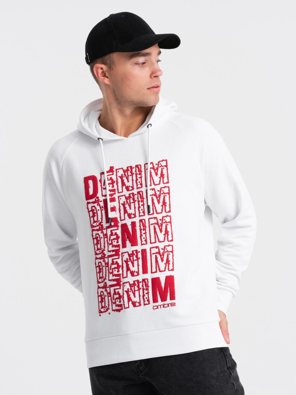 Ombre Clothing Červeno-biela pánska mikina s kapucňou a potlačou Ombre Clothing