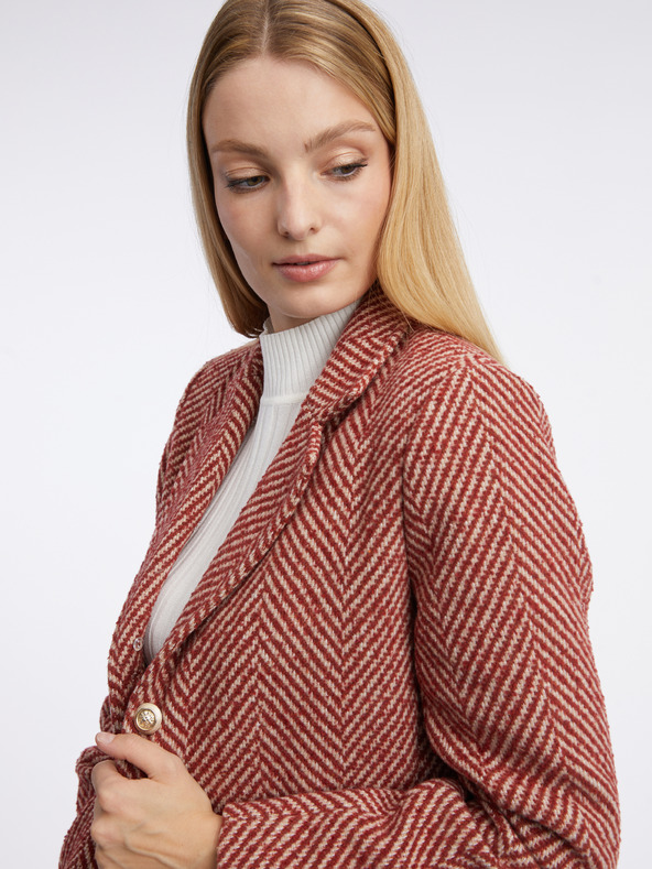 Orsay Červený dámsky vzorovaný kabát s umelým kožúškom ORSAY