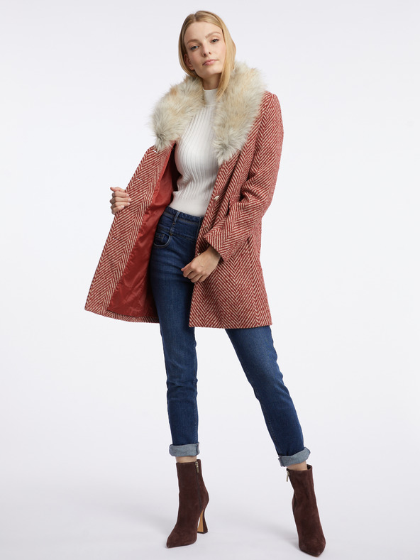 Orsay Červený dámsky vzorovaný kabát s umelým kožúškom ORSAY