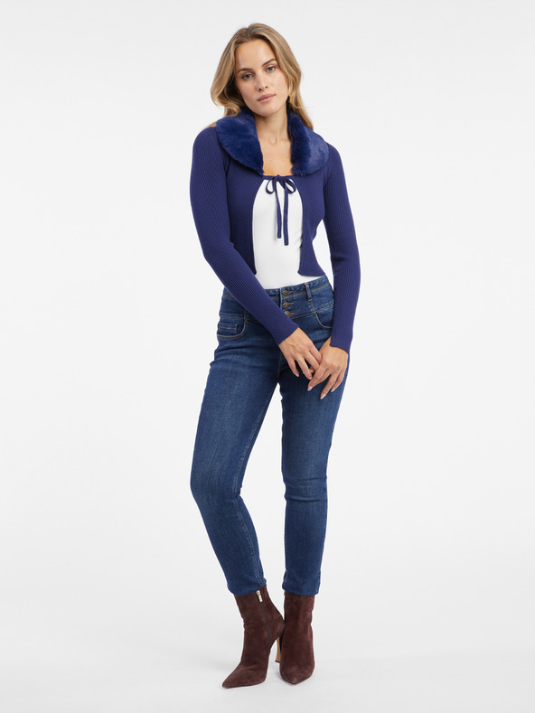 Orsay Modrý dámsky kardigan s umelým kožúškom ORSAY