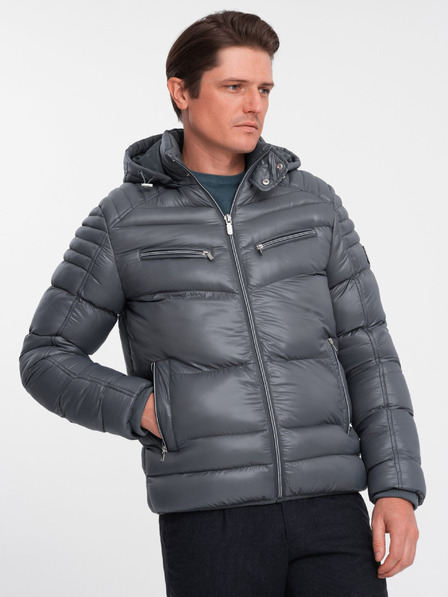Ombre Clothing Grey Pánska prešívaná zimná bunda s kapucňou Ombre Oblečenie