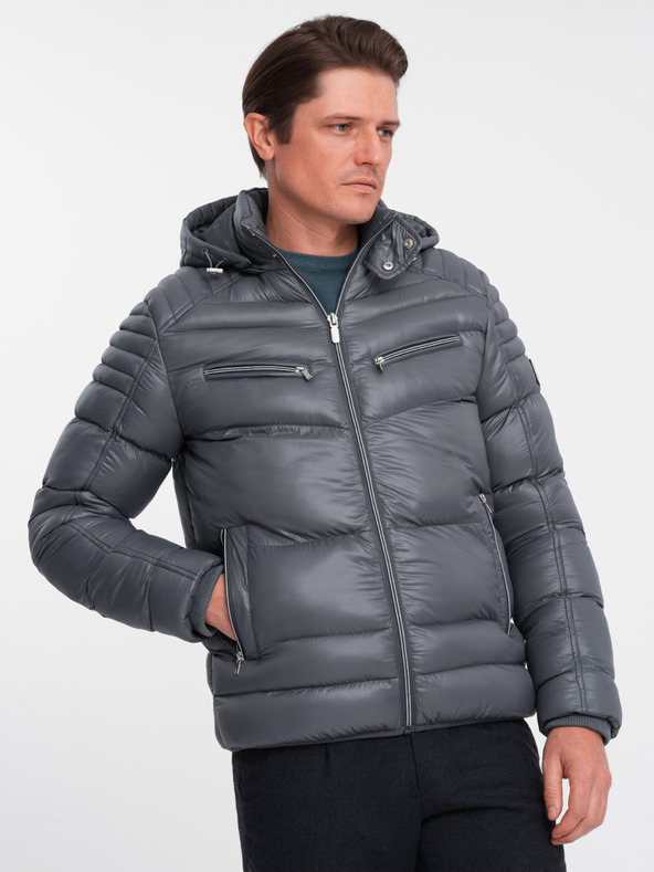 Ombre Clothing Grey Pánska prešívaná zimná bunda s kapucňou Ombre Oblečenie