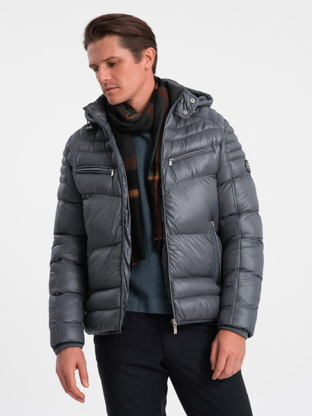 Ombre Clothing Grey Pánska prešívaná zimná bunda s kapucňou Ombre Oblečenie