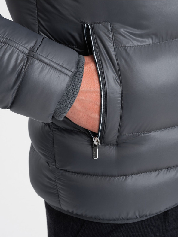 Ombre Clothing Grey Pánska prešívaná zimná bunda s kapucňou Ombre Oblečenie