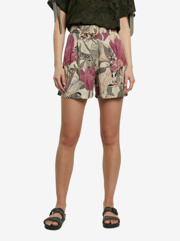Desigual Khaki šortky s farebným tropickým vzorom Pant Etnican