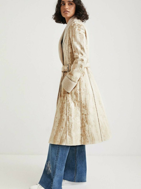 Desigual Béžový dámsky kabát Desigual Marvelous so vzorom