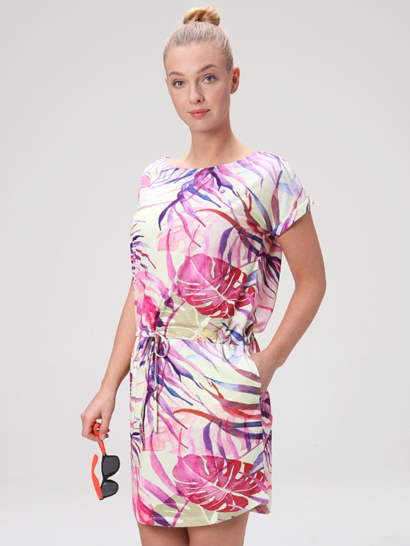 Loap Zeleno-ružové dámske letné šaty s tropickým vzorom LOAP ANUMA