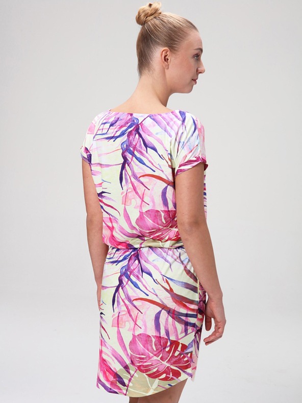 Loap Zeleno-ružové dámske letné šaty s tropickým vzorom LOAP ANUMA