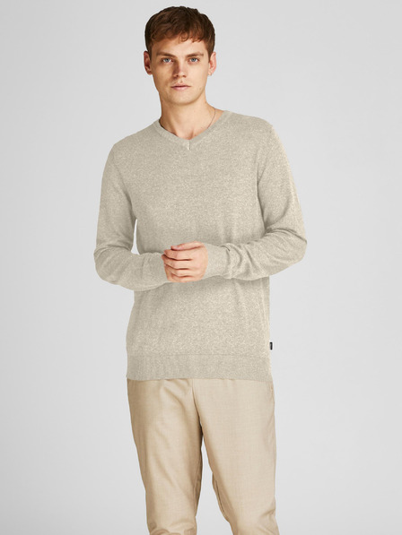 Jack & Jones Béžový pánsky žíhaný základný sveter Jack & Jones Emil