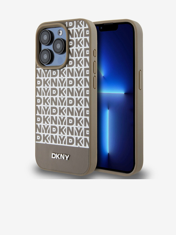 DKNY PU kožený zadný kryt Repeat Pattern Bottom Stripe MagSafe pre iPhone 15 Pro Max Brown DKNY