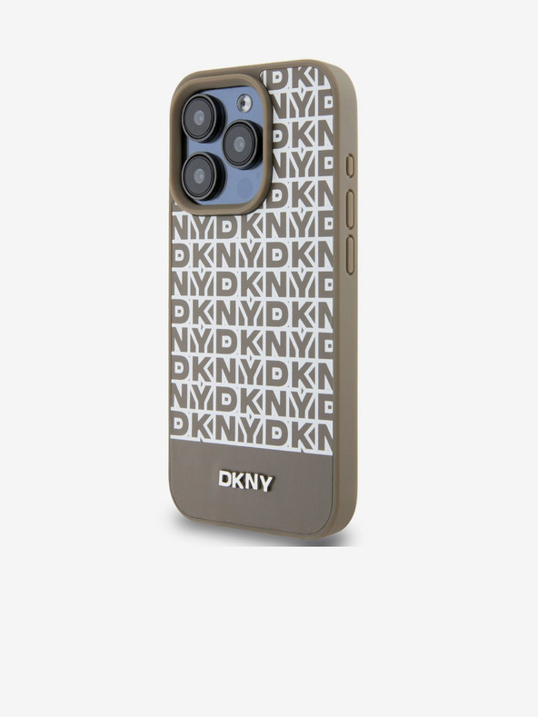 DKNY PU kožený zadný kryt Repeat Pattern Bottom Stripe MagSafe pre iPhone 15 Pro Max Brown DKNY